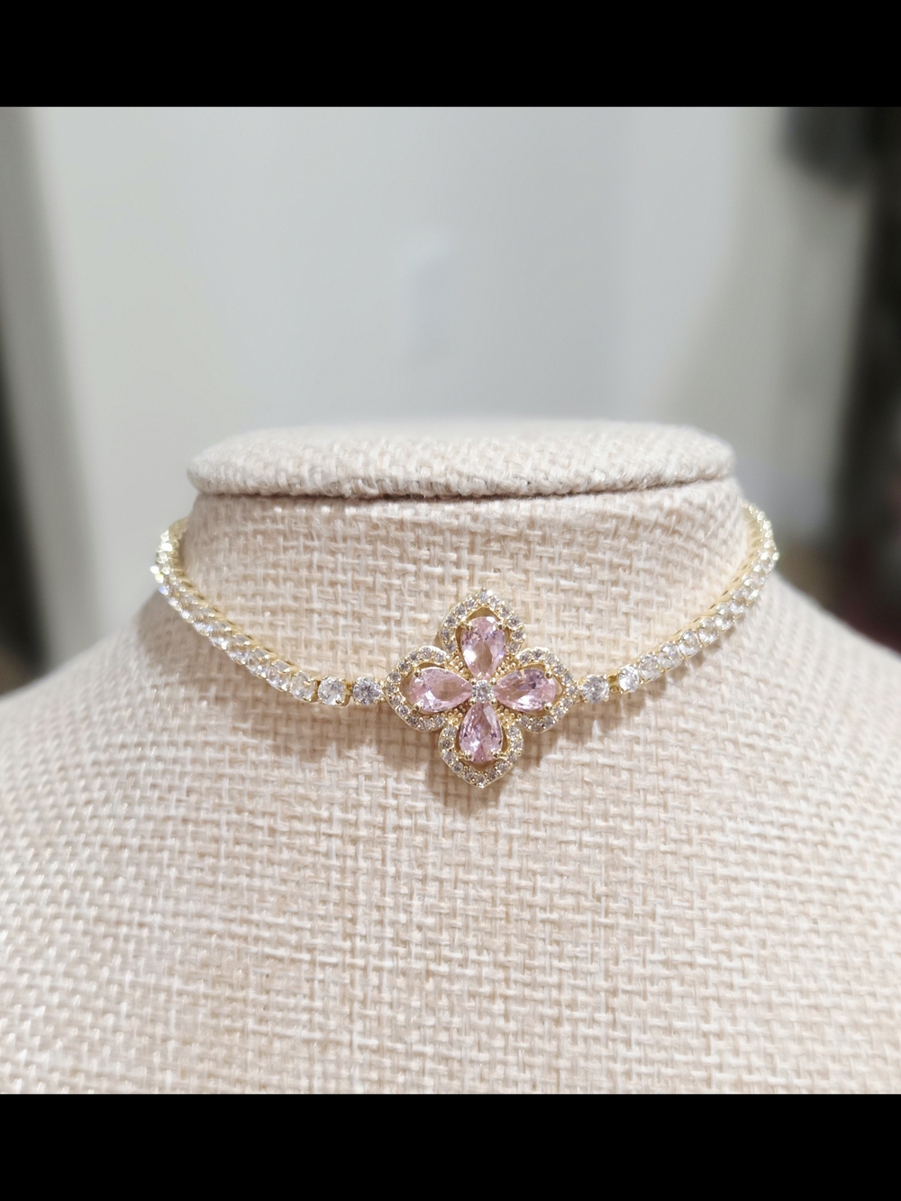 Pink Crystal Floral Bracelet- Gold Tone
